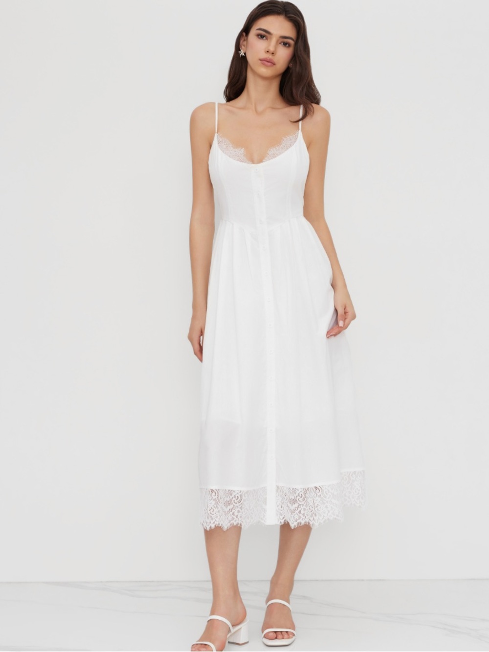 Cider 100% Cotton White Lace-Trim Spaghetti-Strap Midi Dress